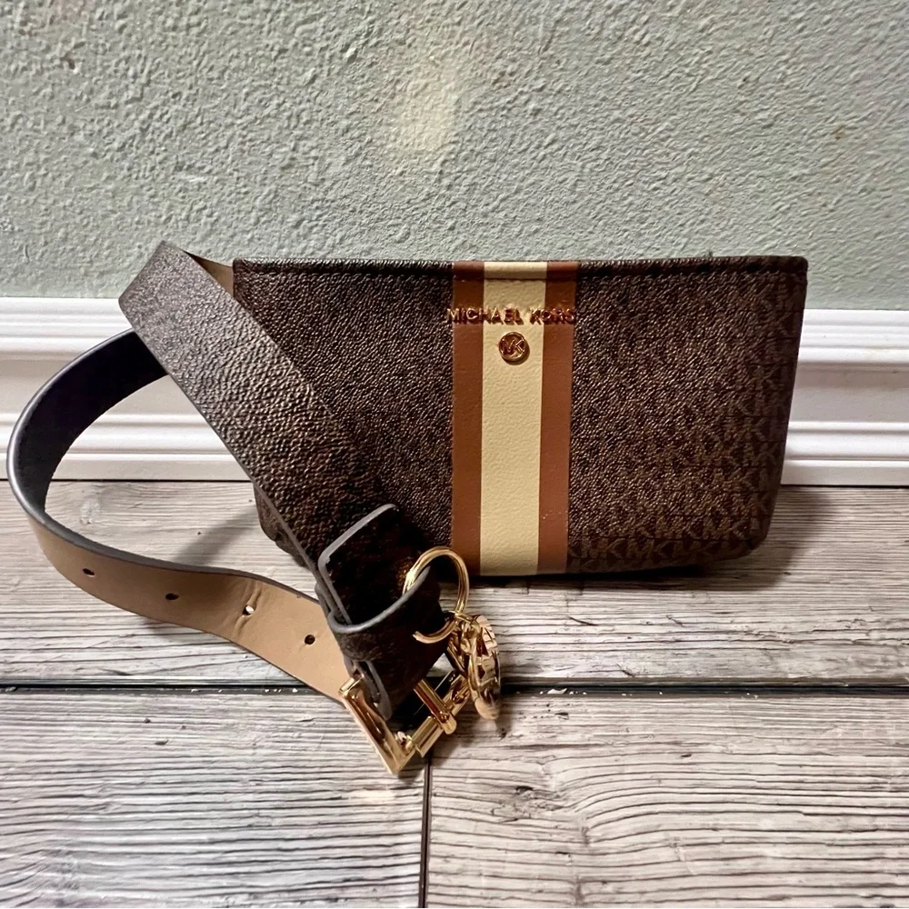 NEW Michael Kors Chocolate and Beige Belt Bag Crossbody Monogram Gold Accents